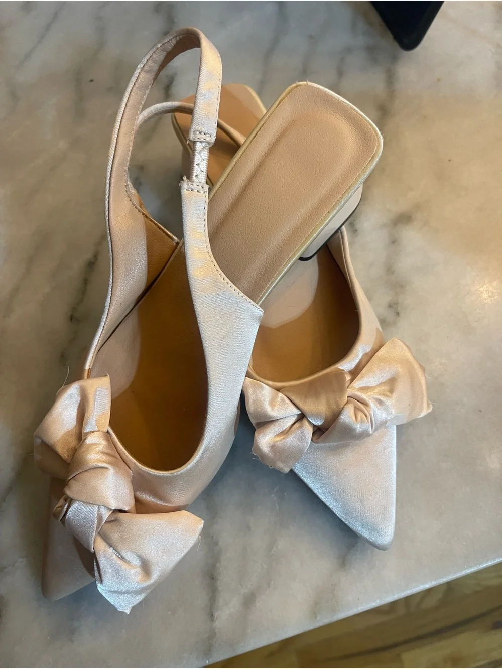 Elegant Women's Satin Slingback Heels with Bow - Cream